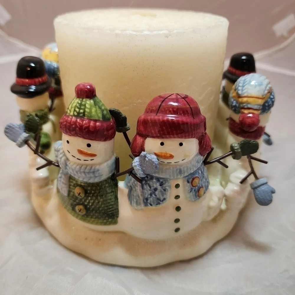Kohl's Snowman Snowmen Pilar Candle Holder Candle Set Ceramic 4.5